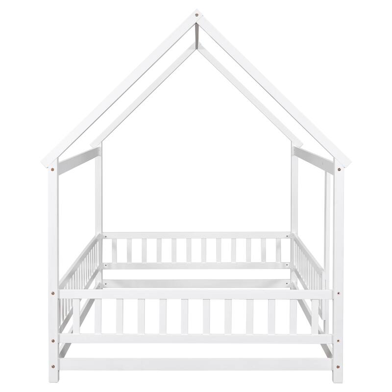 Full Size Wooden Floor Bed with House Roof Frame, Fence Guardrails for Kids, Bedroom