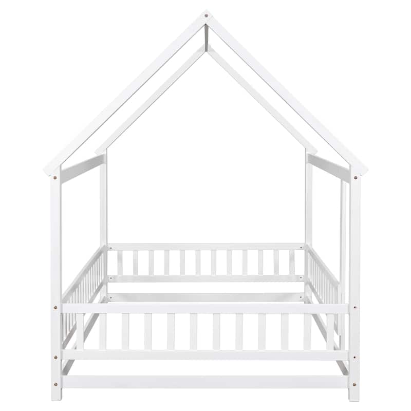 White Full Size Wooden Floor Bed with House Roof Frame, Fence Guardrails for Kids, Bedroom