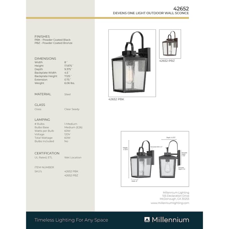 Millennium Lighting Devens 1 Light 18 Inch Outdoor Wall Sconce
