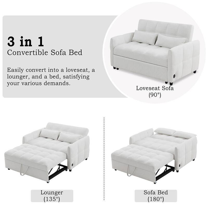 52.8" Adjustable Loveseat Sleeper, 3 USB Ports, 2 Pillows Included