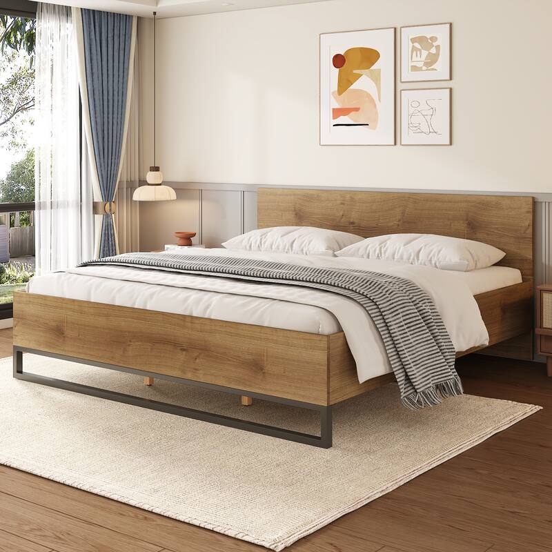 Solid Wood Rustic Platform Bed with Headboard, Wooden and Metal Bed Frame, Wood Slats Support, No Box Spring Needed