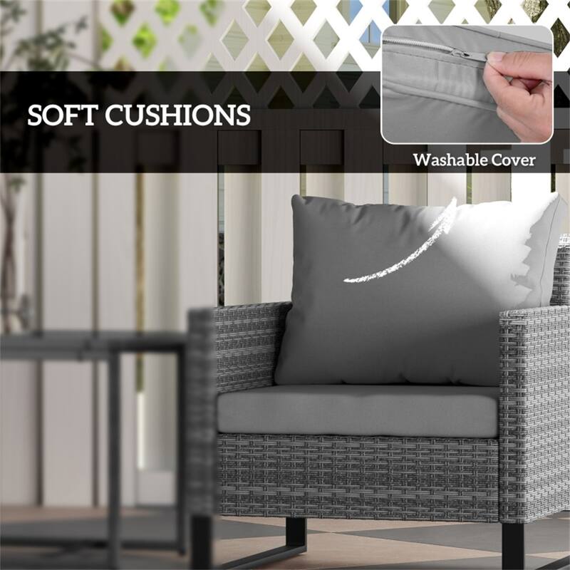 Modern 3 Piece PE Rattan Wicker Grey Outdoor Patio Furniture 2 Chairs with Cushions and Table - 26.8" W x 26" D x 29.5" H