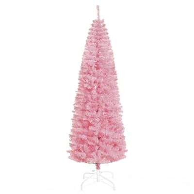 7' Slim Pink Artificial Christmas Tree, Full-Branch Design with Stable Base