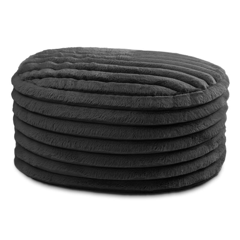 Large Ribbed Faux Fur Plush Pouf Ottoman - 35" - Black