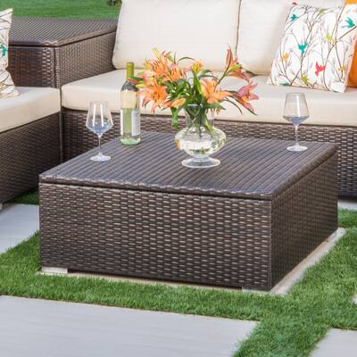 Roomfitters Outdoor Storage Coffee Table, All-Weather Rattan Patio Deck Box with Lift-Top Lid for Garden or Porch, Brown