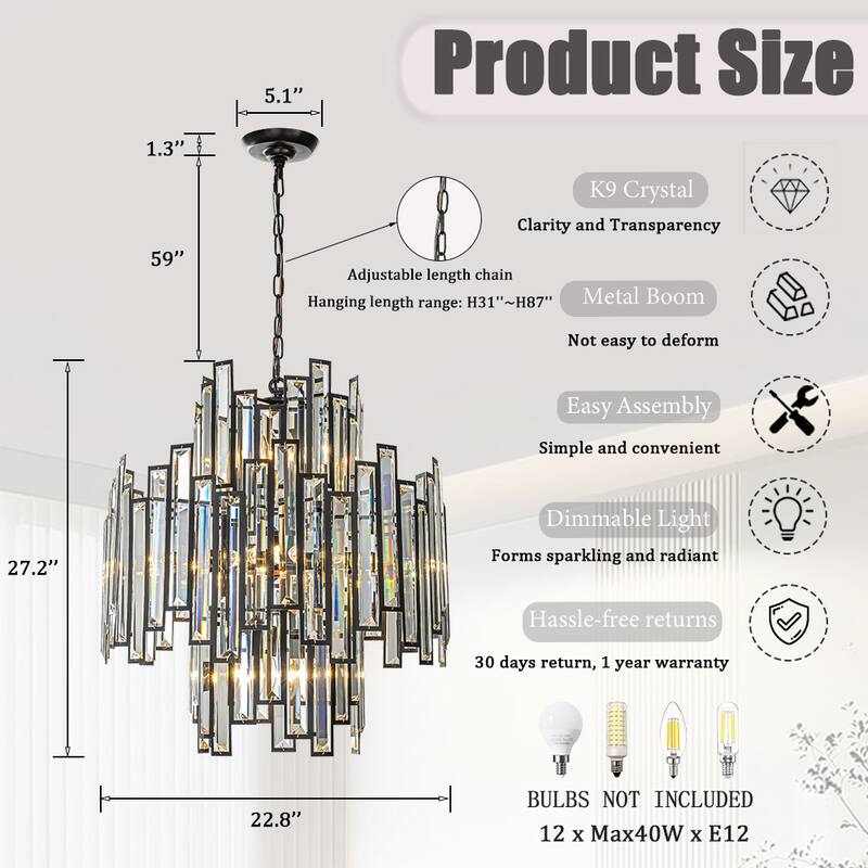 10-Light 18" Wide Modern and Contemporary Luxury Black Metal with Clear Crystal Chandelier for Dining Room, Living Room