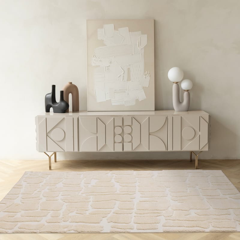 Cream White Stones Super-Soft High-Low Textured Rug