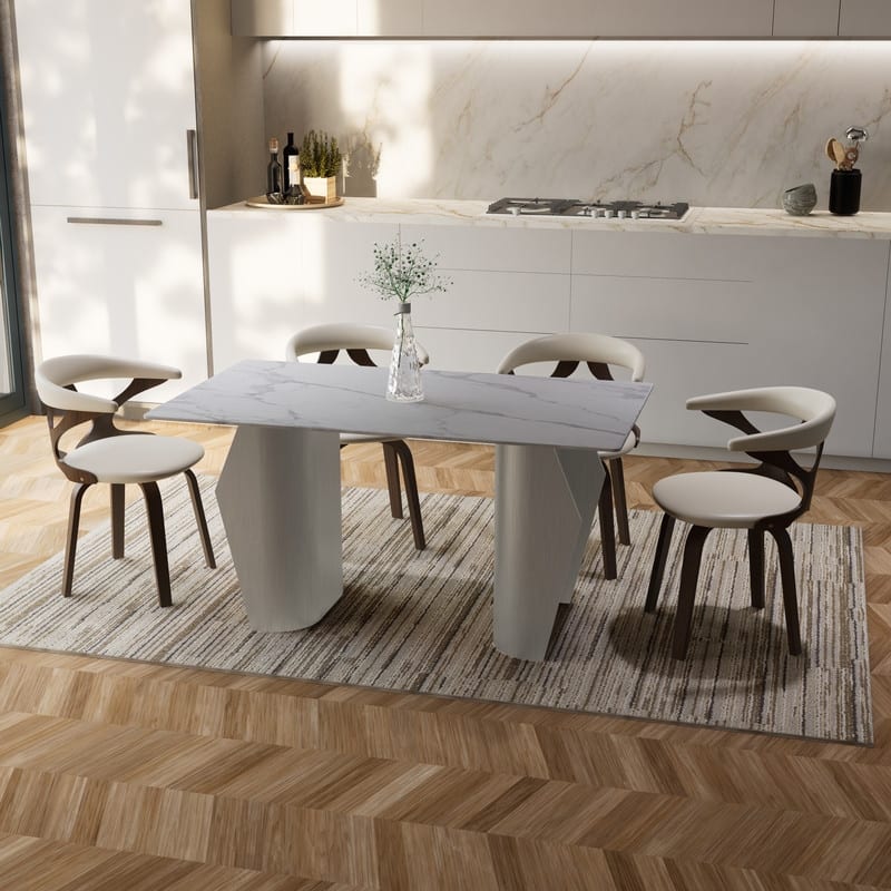 Zelan Mid-Century Modern Sintered Stone Dining Table - Rectangular Kitchen Table with Semi-Circular Steel Legs