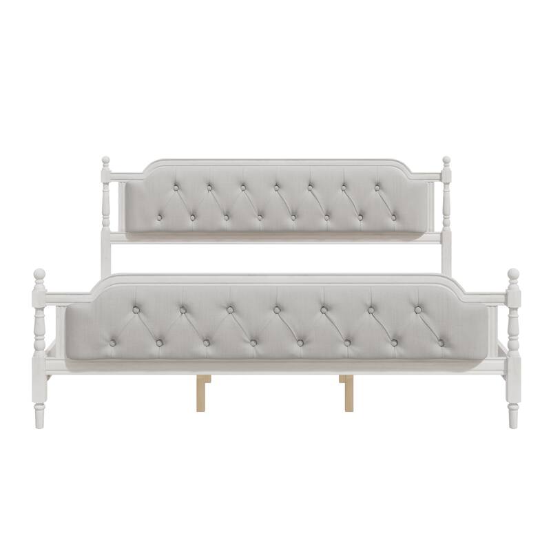 King Size Solid Wood Bed Frame with Tufted Headboard, No Box Spring Needed, Antique White
