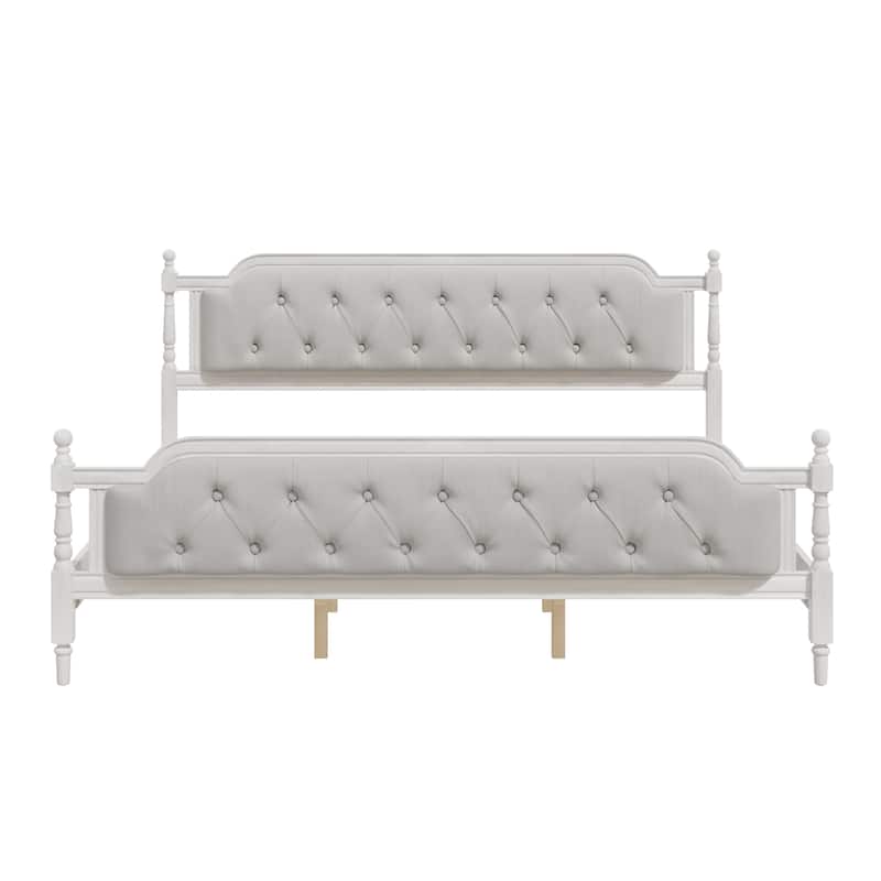 Wood Bed Frame with Button Tufted Headboard and Footboard, Upholstered Bed Four Poster Bed, No Box Spring Needed