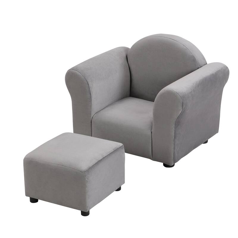 Anmytek Gray Velvet Kids Armchair Ottoman Set Toddler Chair Playroom Nursery Decor - 22.4 in. W X 16.1 in. D X 17.7 in. H
