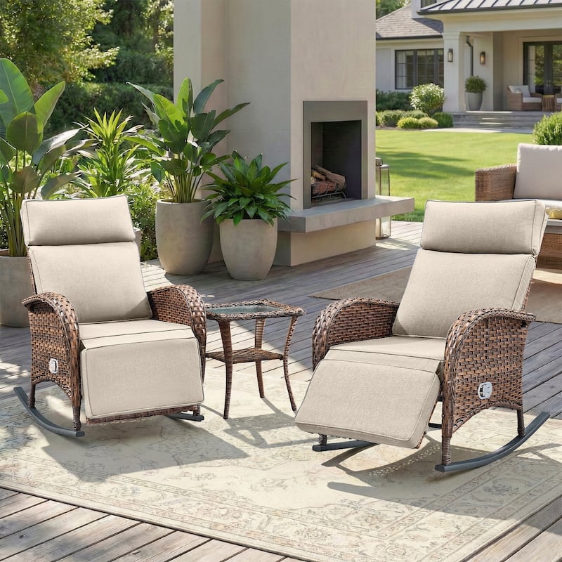 Pocassy Patio Versatile Outdoor Recliner Rocker Chair Table with Thick Cushion - Brown Wicker with Beige Cushion - 3-Piece Rocker Recliner Chair with Side Table