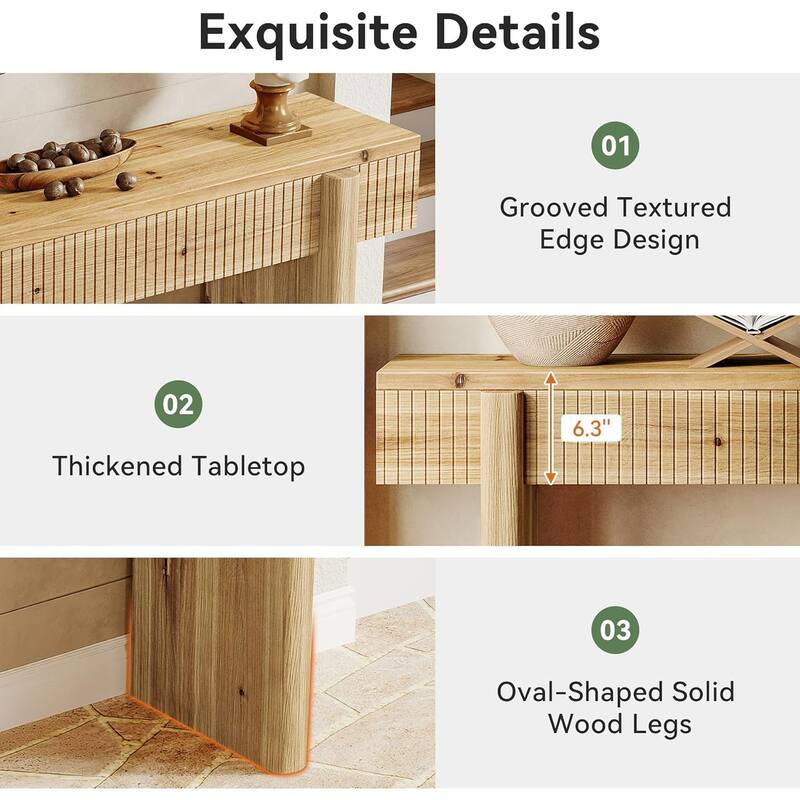55 Inch Solid Wood Entryway Console Table with Grooves Detail