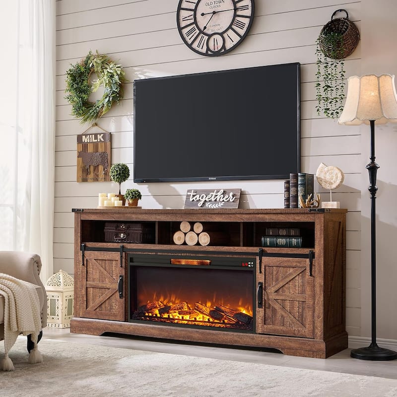 Farmhouse Fireplace TV Stand for 80" TV, Rustic Entertainment Center