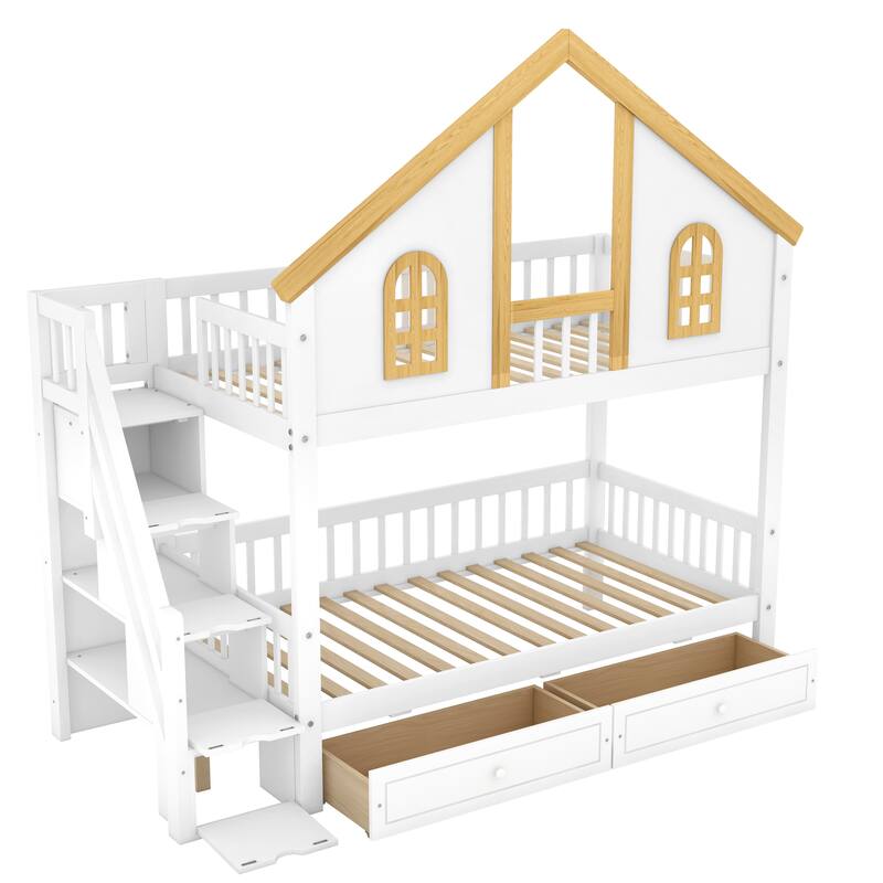 Wooden House Roof Bunk Bed with Staircase Storage & Dual Drawers by Harper&Bright Designs