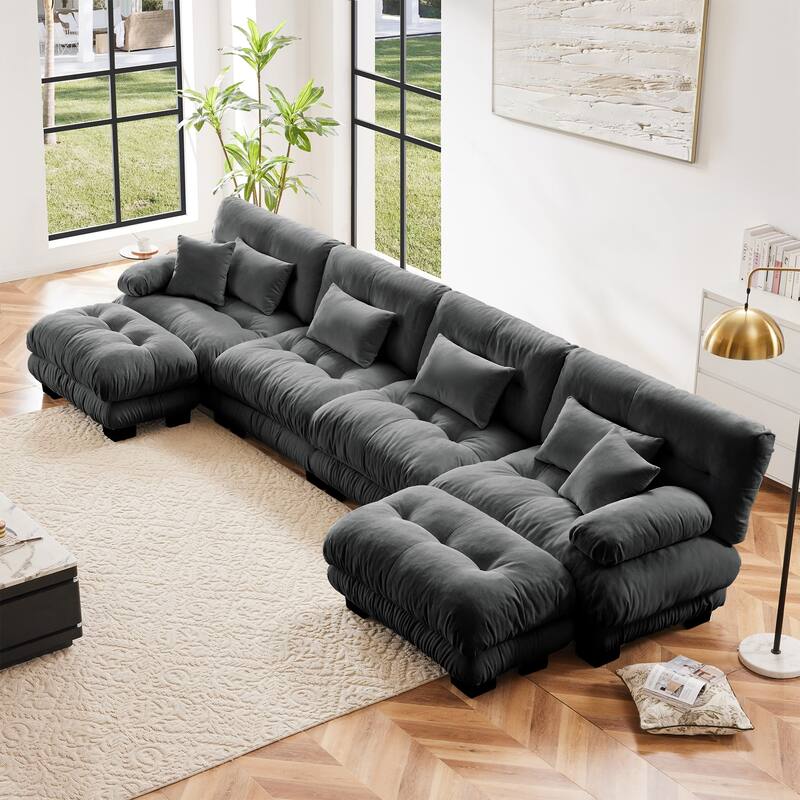 Free Combination Modular Chenille 4-Seater Sectional Sofa with 2 Ottomans and Pillow for Living Room - Gray