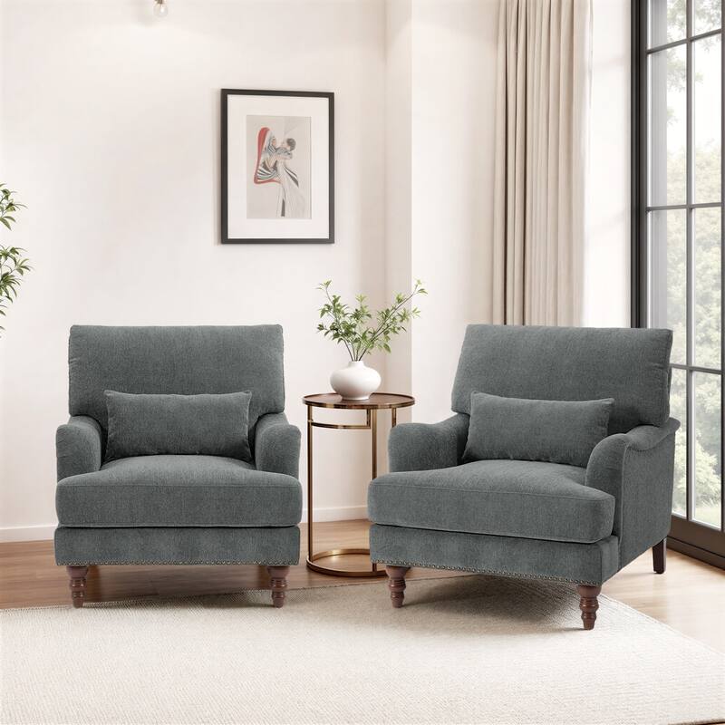 Chenille Accent Chairs with Lumbar Pillows Nailhead (Set of 2)