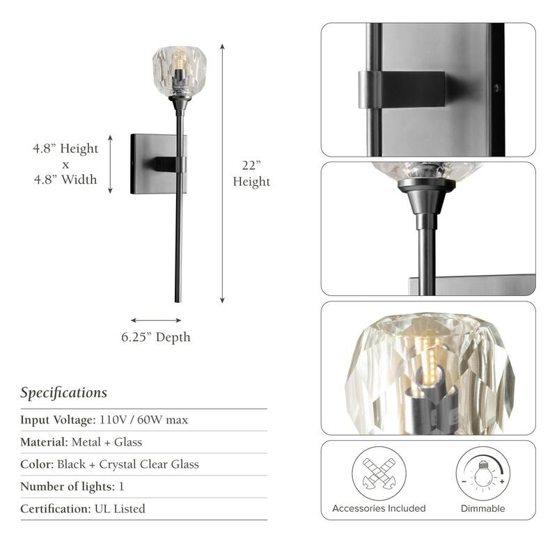 Modern Armed Wall Sconce - Metal, Glass & Matte Black, Crystal Clear 1-Light Wall Sconce for Bedroom or Bathroom in Modern Style
