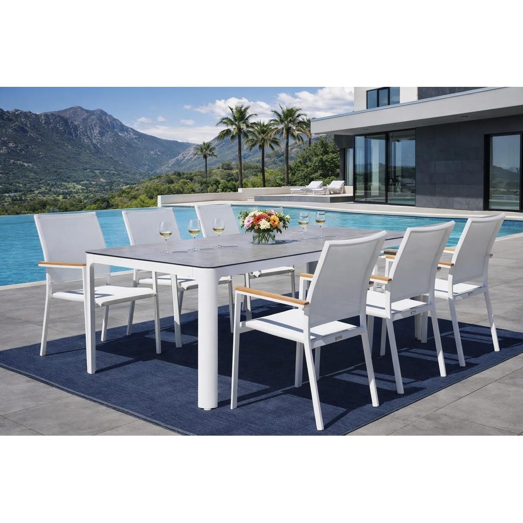 Como White 7-Piece Aluminum Outdoor Dining Set with Sling Set in White - N/A