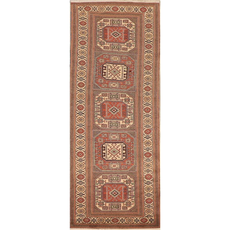 Geometric Anatolian Vintage Runner Rug Hand-Knotted Wool Carpet - 3'1" X 9'10"