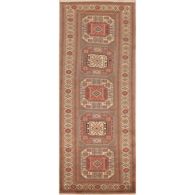 Geometric Anatolian Vintage Runner Rug Hand-Knotted Wool Carpet - 3'1" X 9'10"