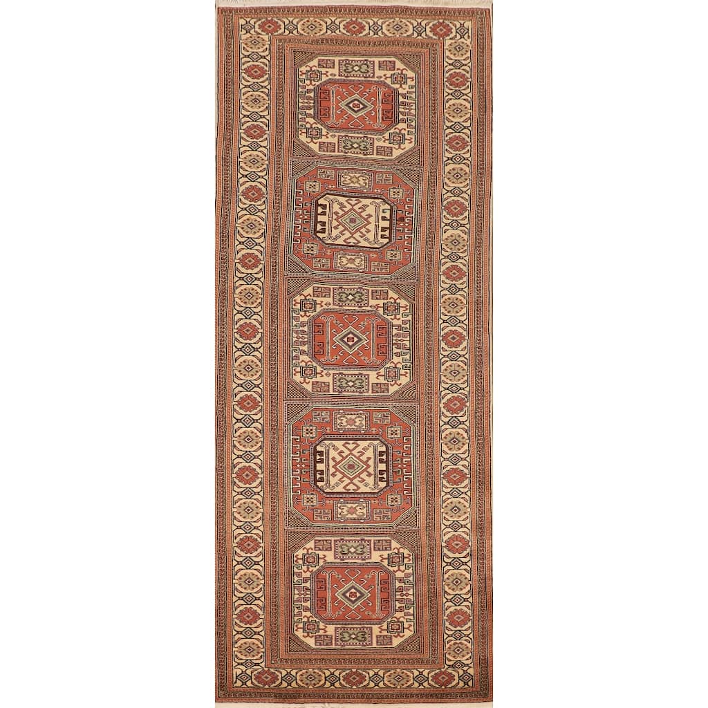 Geometric Anatolian Vintage Runner Rug Hand-Knotted Wool Carpet - 3'1" X 9'10"