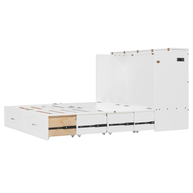 Queen Size Wall Bed with Drawers, USB Ports, and Smooth Pulley System, White