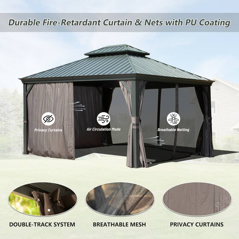 10' X 12' Hardtop Metal Gazebo with Double Roof, Aluminum Frame, Curtains and Netting for Patio, Deck, Garden, Grey