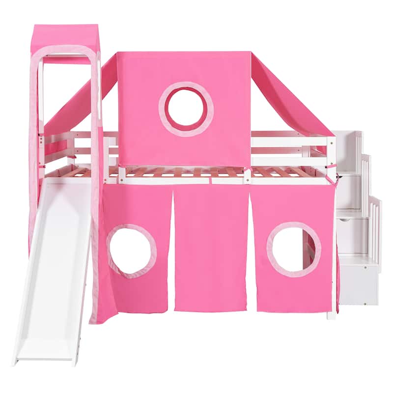 Twin/Full Size Wooden Loft Bed with Tent and Tower, Solid Pinewood High Loftbed Frame with Slide and Storage Staircase