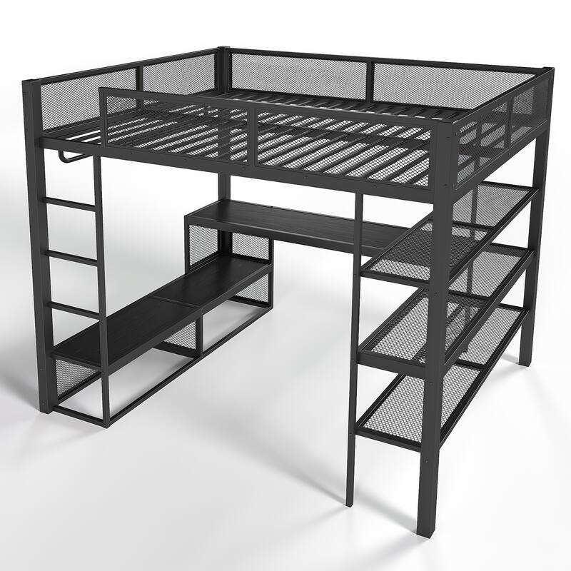 Queen Size Loft Bed with Storage Shelves, Metal Loft Bed with Clothes Hanging Rod and Desk, No Box Spring Needed Design, Black