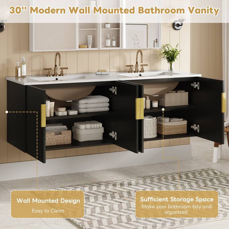 60"Vanity With Ceramic Sink,With 3 Holes Single Ceramic Sink,Storage Vanity Cabinet With 2 Soft Closing Doors