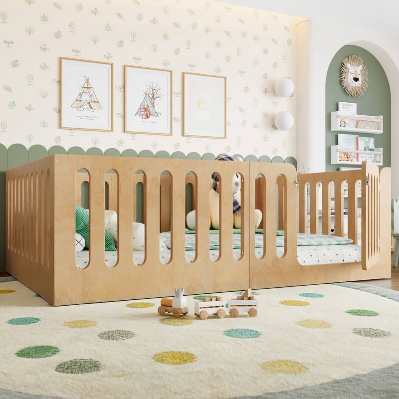 Full Size Floor Bed with High Fence for Kids, Solid Wood Kids Montessori Bed with Door, No Box Spring Needed Design