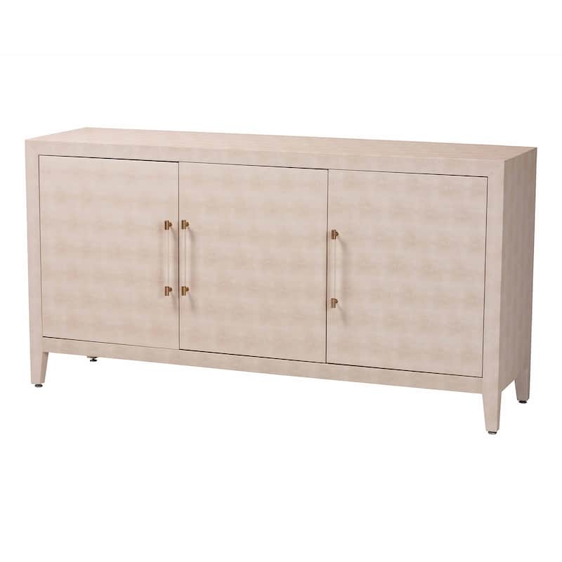 Nira Faux Shagreen Sideboard - Contemporary 3-Door Buffet Storage Cabinet with Sleek Handles for Dining Room or Living Room - Beige/Brass
