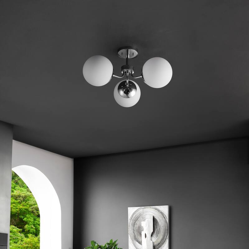 Ojai 23.5" 3-Light Bohemian Farmhouse Iron/Frosted Glass LED Semi Flush Mount, Brass Gold/White by JONATHAN Y
