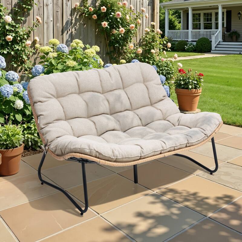 Double Papasan PE Rattan Chair Loveseat with Cushion For Indoor Outdoor