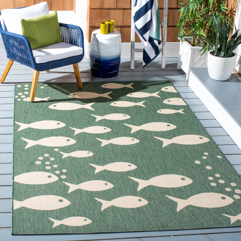 SAFAVIEH Courtyard Illa Indoor/ Outdoor Waterproof Patio Backyard Rug - 6'7" x 9'6" - Dark Green/Ivory
