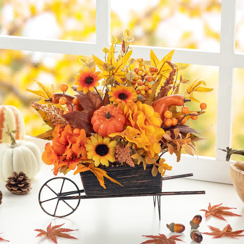 Glitzhome 14"L Fall Floral sunflower Pumpkins/ Sorghum Cart Centerpiece Harvest Table Decor