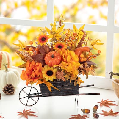 Glitzhome 14"L Fall Unique Floral Cart Centerpiece Thanksgiving Table Decor