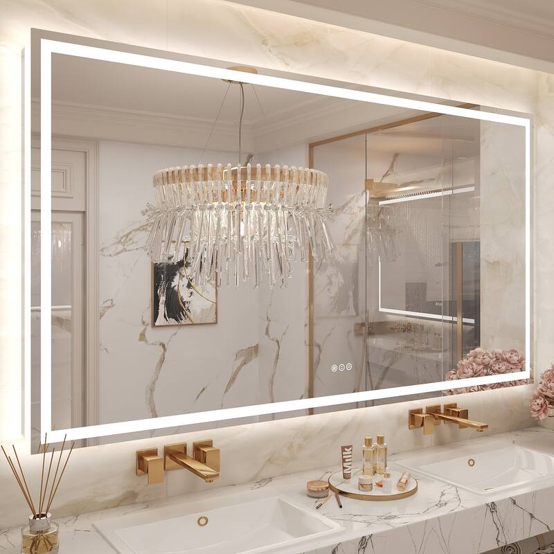 Frameless LED Front Light and Backlit 3 Colors Dimmable Anti-Fog Wall Bathroom Vanity Mirror - 66" x 40"-Square Corner