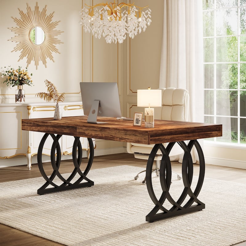 63'' Executive Desk, Modern Office Desk White and Gold Computer Desk