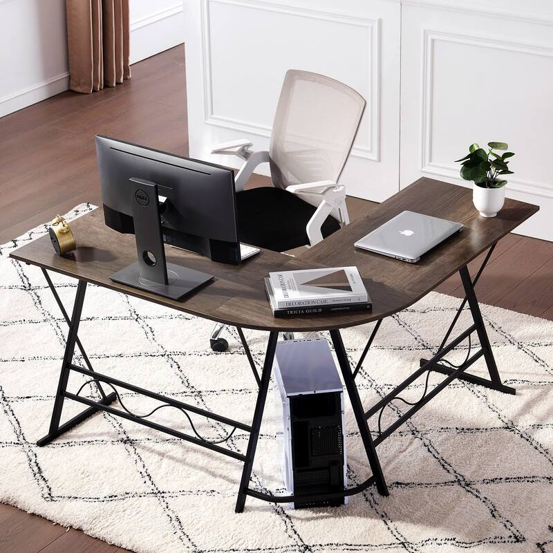 Ivinta L-Shaped Computer Corner Desk, 49.6 inch Gray Home Office Desk - Brown