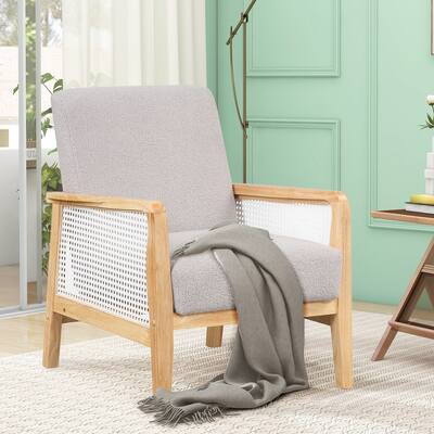 Teddy Short Plush Velvet Armchair Rattan Mesh Upholstered Accent Chair