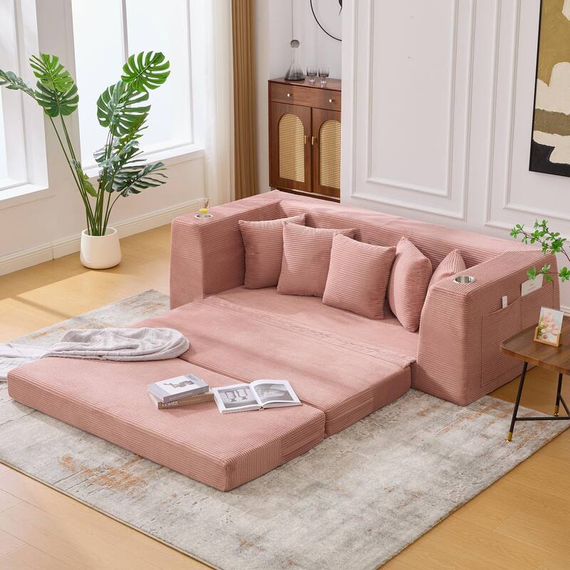 2 in 1 Convertible Sofa Bed, Sleeper Sofa with Storage Pockets, Pull Out Loveseat Couch with Two Cup Holders