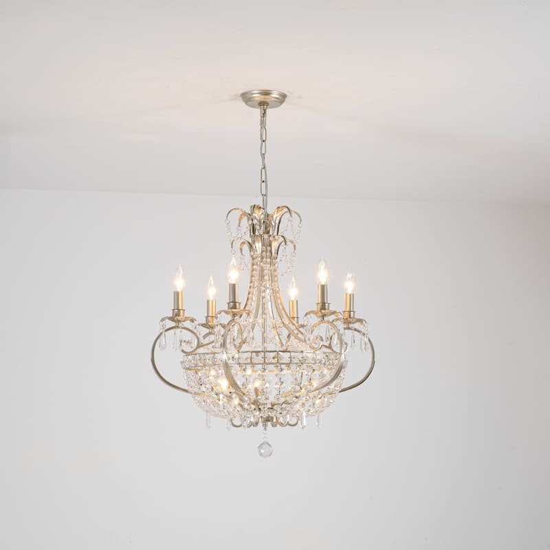 9-Light 24.4" W Crystal Chandelier in Antiqued Brushed Silver with Teardrop Pendants for Use in Living Room
