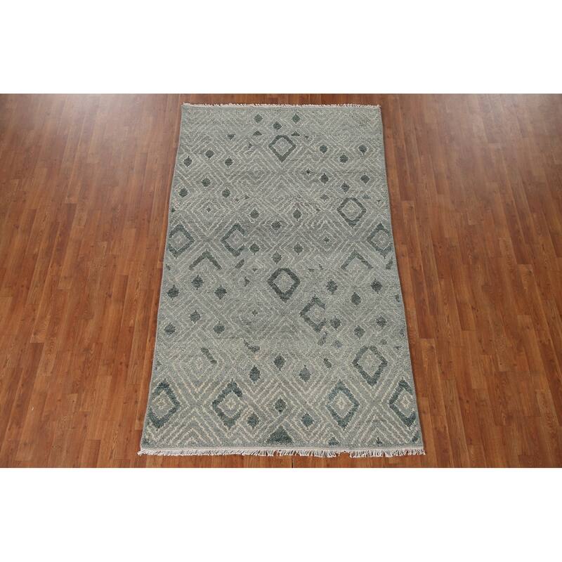 Gray & Green Moroccan Indian Area Rug Handmade Wool Carpet - 4'9"x 8'1"