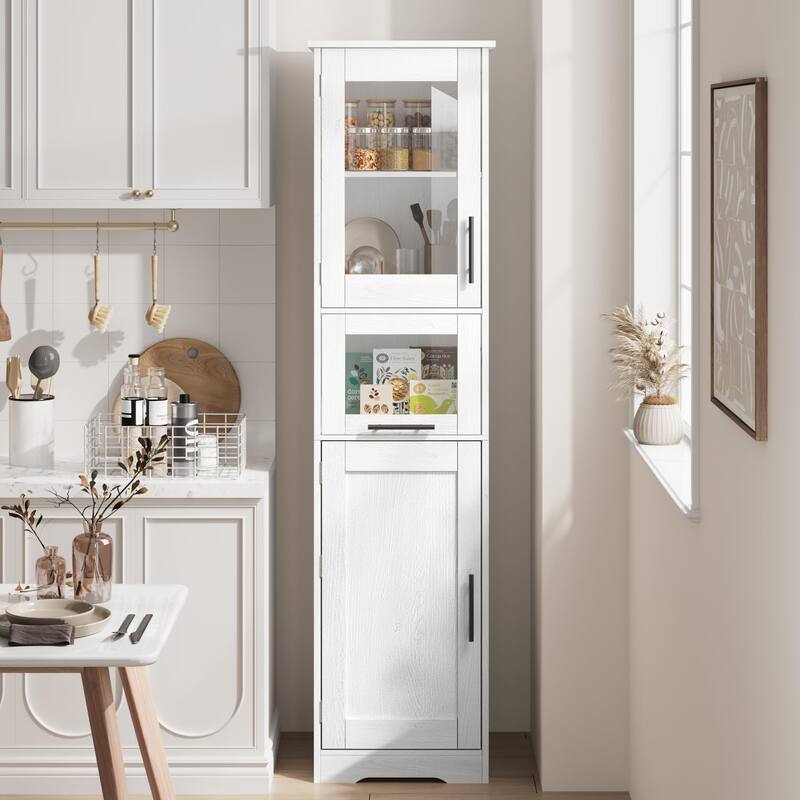 White Bathroom Cabinet Kitchen Pantry Cabinet with Doors and Adjustable Shelf - 12.2"D x 15.7"W x 66.9"H - Antique White