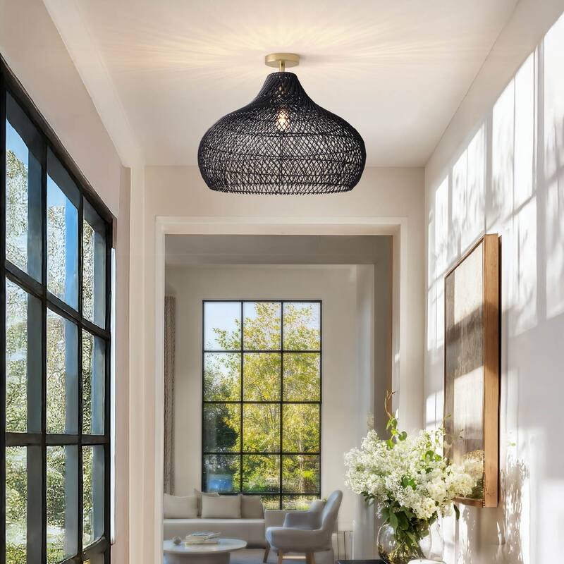 Latigo Rattan Flush Mount - Rattan Black 1-Light Handwoven Ceiling Light for Bedroom or Dining Room in Farmhouse, Country Style