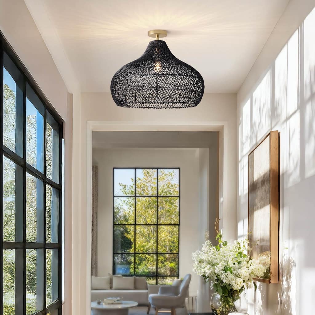 Latigo Rattan Flush Mount - Rattan Black 1-Light Handwoven Ceiling Light for Bedroom or Dining Room in Farmhouse, Country Style