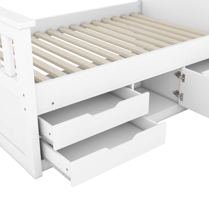 Twin Size Platform Bed Frame with Storage, Bookcase Headboard, Four Drawers, White