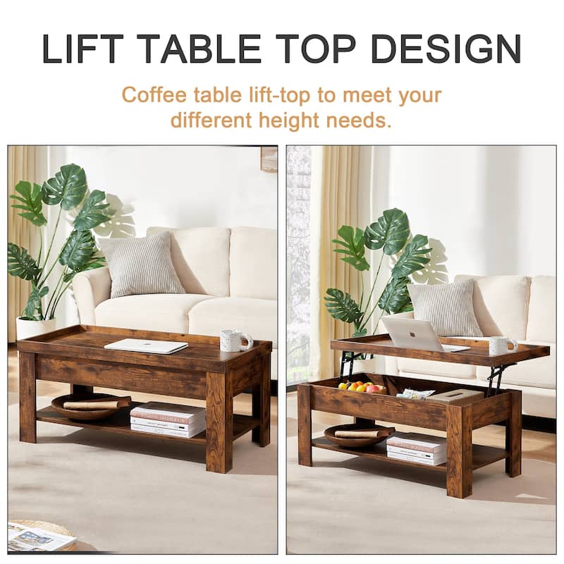 VECELO Lift Top Coffee Table with Hidden Storage and Open Shelves–Modern Center Table for Living Room and Small Spaces